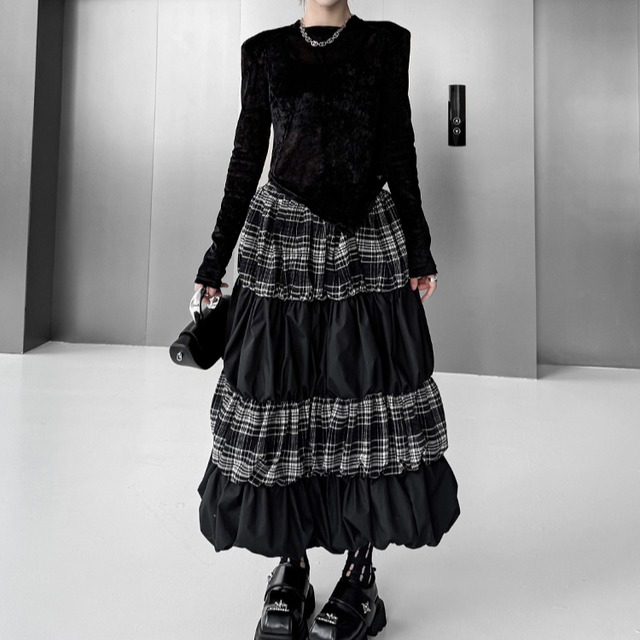 ヨーロピアンモード格子切替デザインバルーンスカート R30046