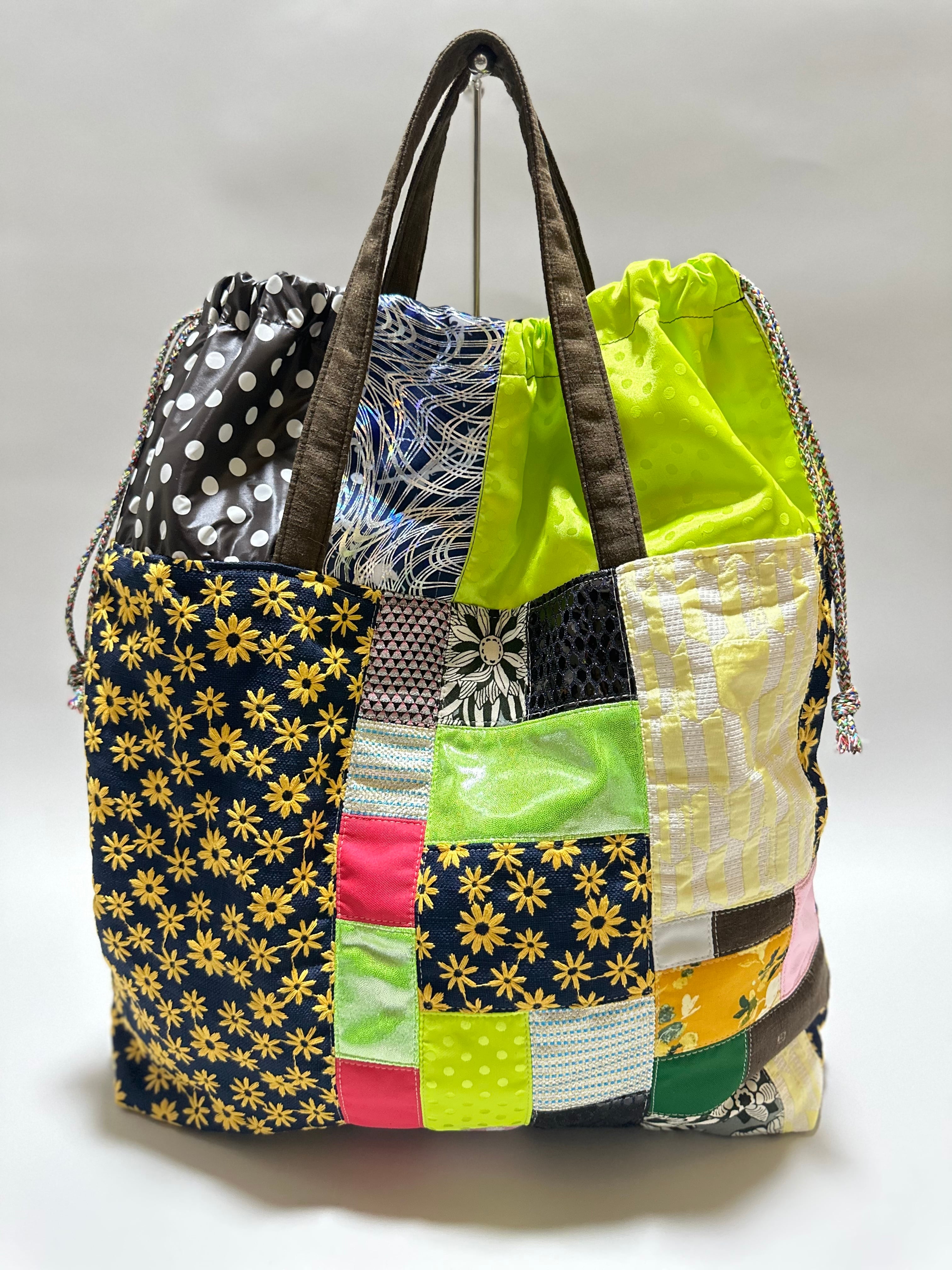 パッチワークエコバッグ③ L #キイロ×ネイビーミックス | a Linden