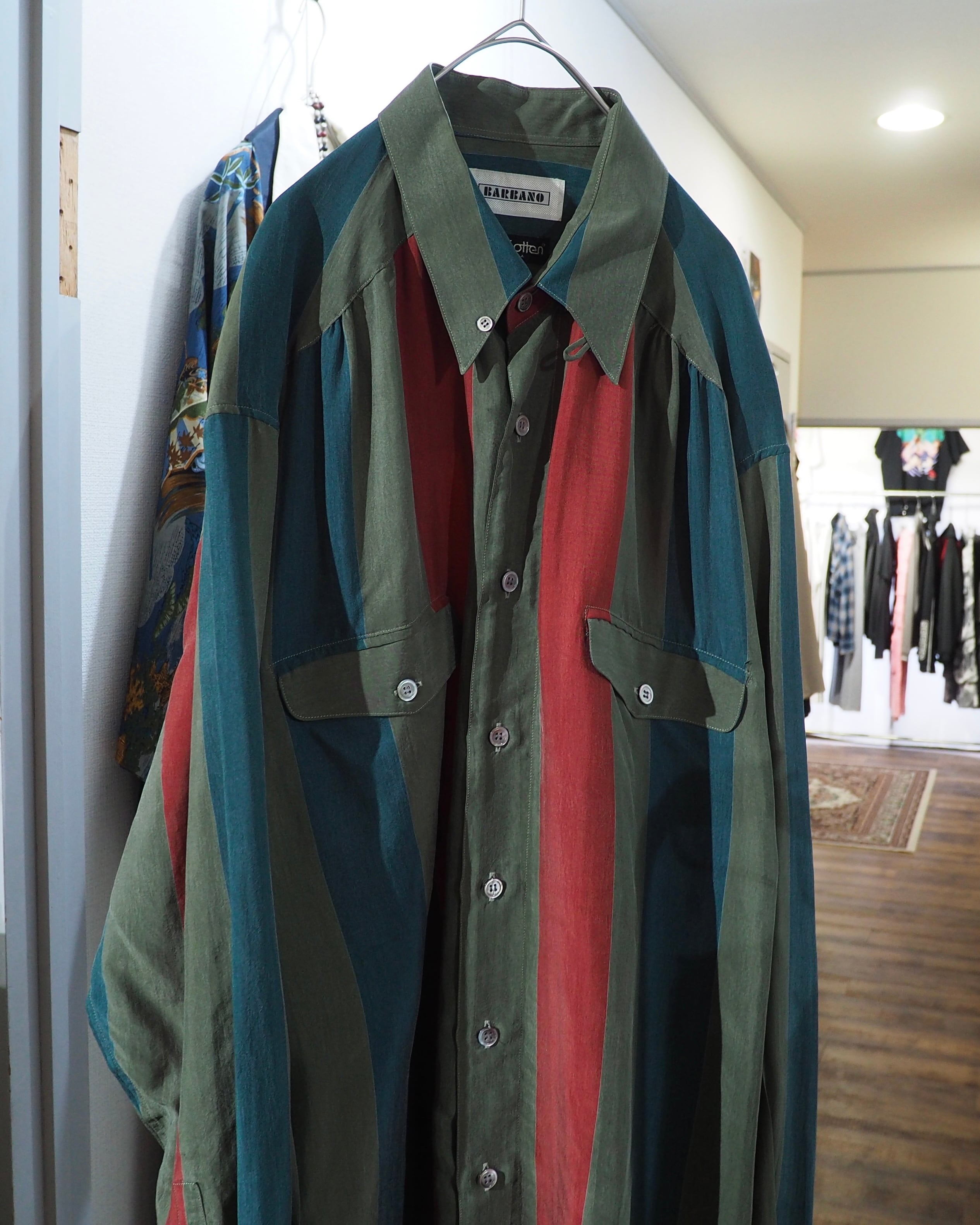 1980s ” BARBANO ” Tricolore stripe pattern vintage Drape loose Shirt