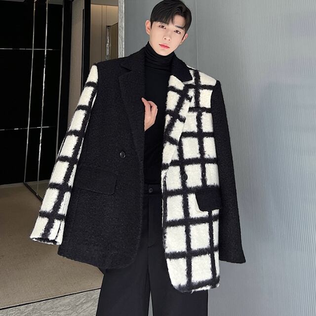 【予約販売】コート アウター ショート丈 シンプル バイカラー チェック柄 ジャケット 通学 ビジネス 防寒 メンズ 黒 ブラック シック 防寒 お洒落 こなれ感 ベーシック 秋冬 M/L/XL