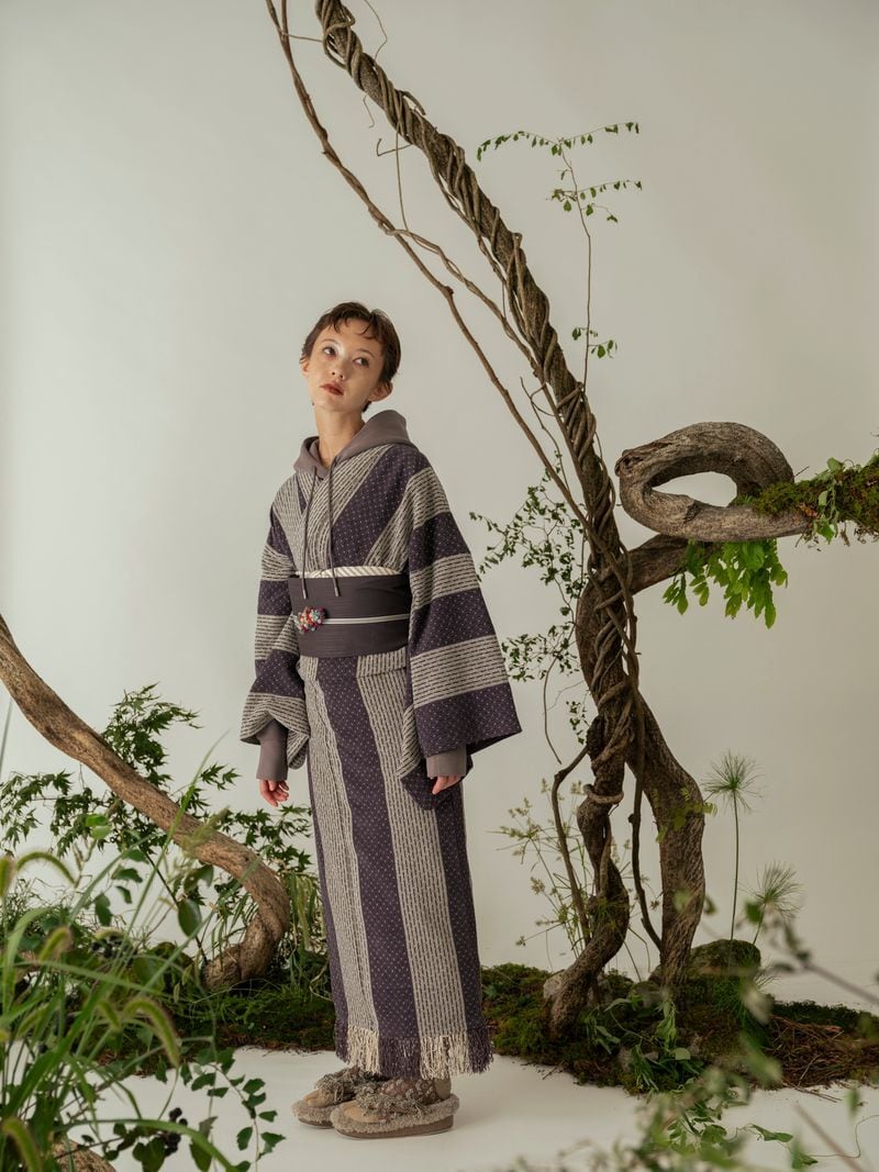 Nature yoshie　東海道五十三次　麻柄　絣　長着　渋カッコイイ　セット 2/1 Pattern Leg Wide Jacquard 着物・浴衣