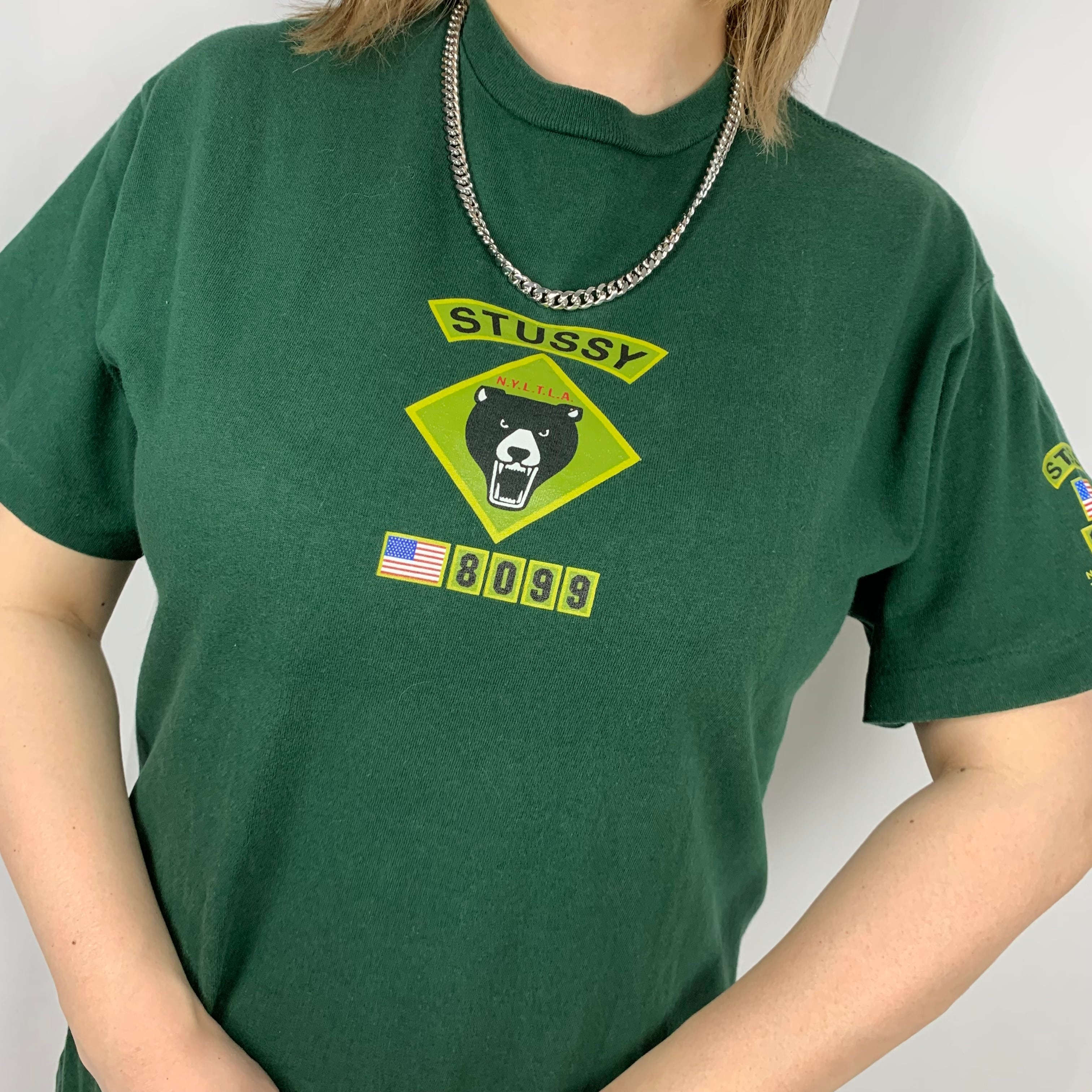 90s'紺タグオールド【ステューシー】クマロゴTシャツ グリーンシングル