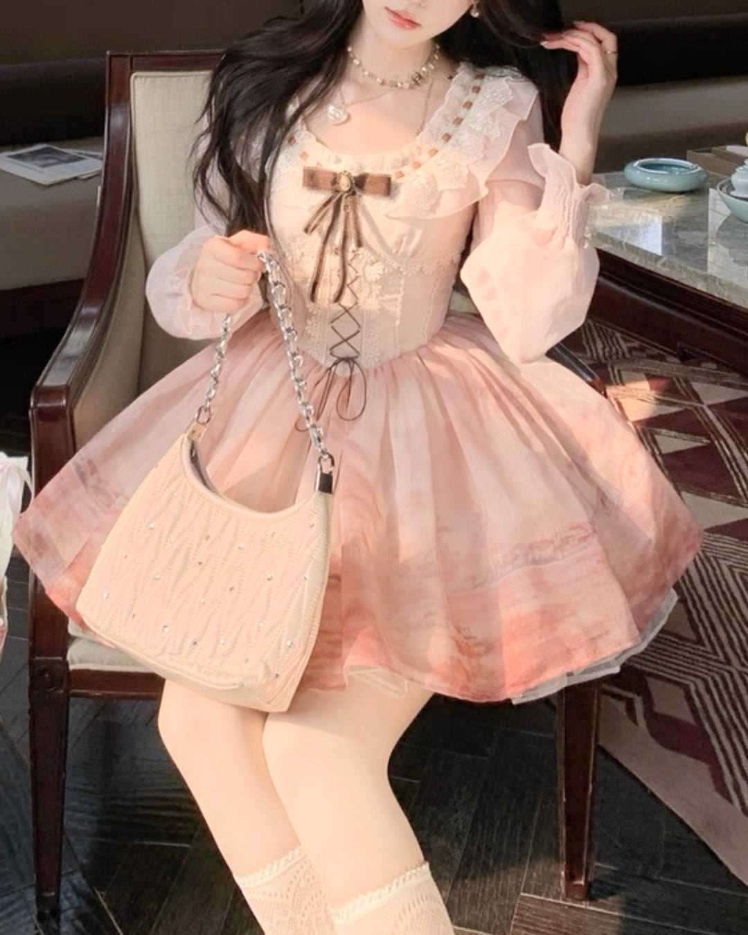 サンセットグラデーションレースアップワンピース 25W08438