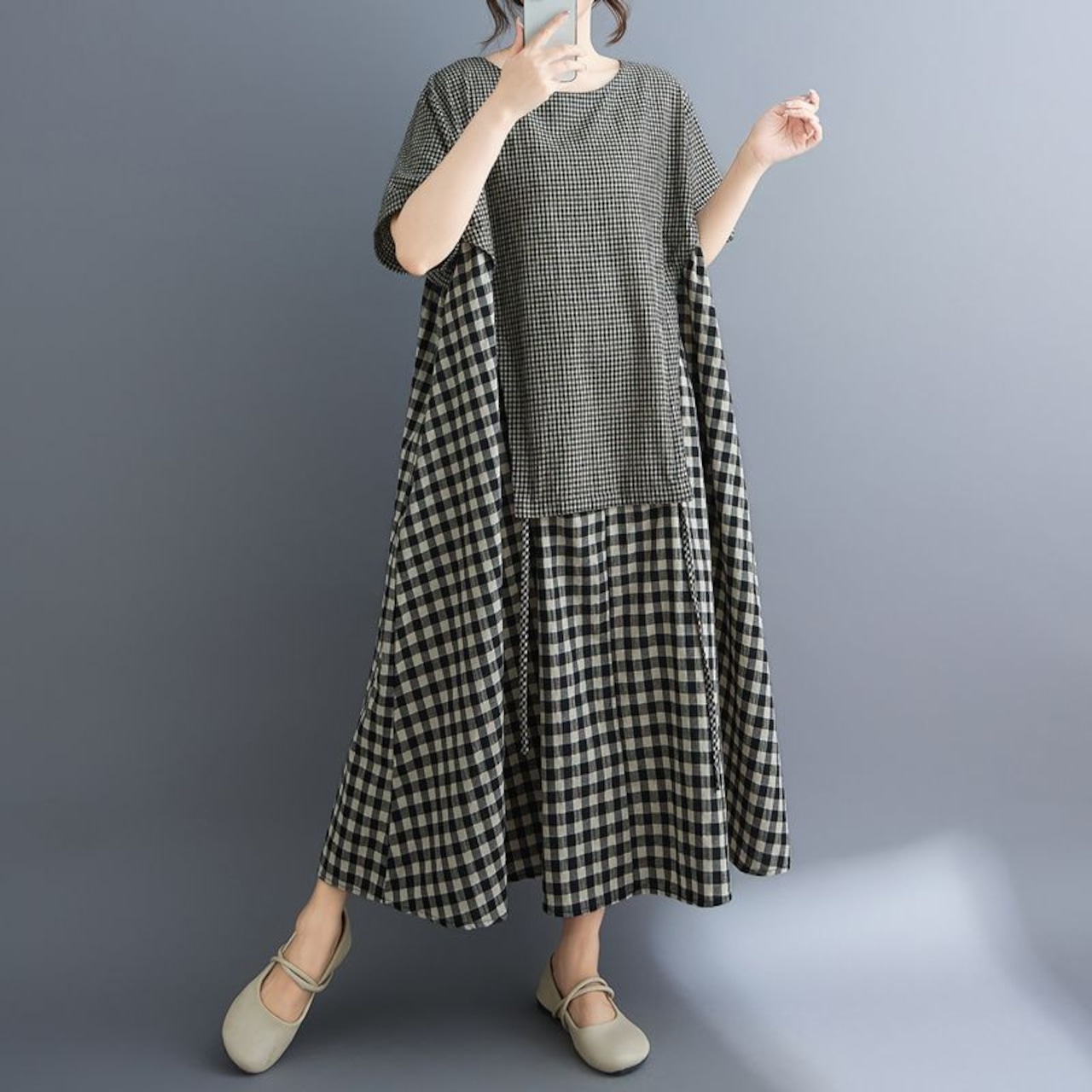切り替えチェック柄 マキシ丈 ワンピース  30135