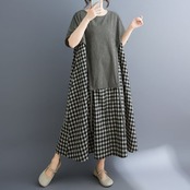 切り替えチェック柄 マキシ丈 ワンピース  30135