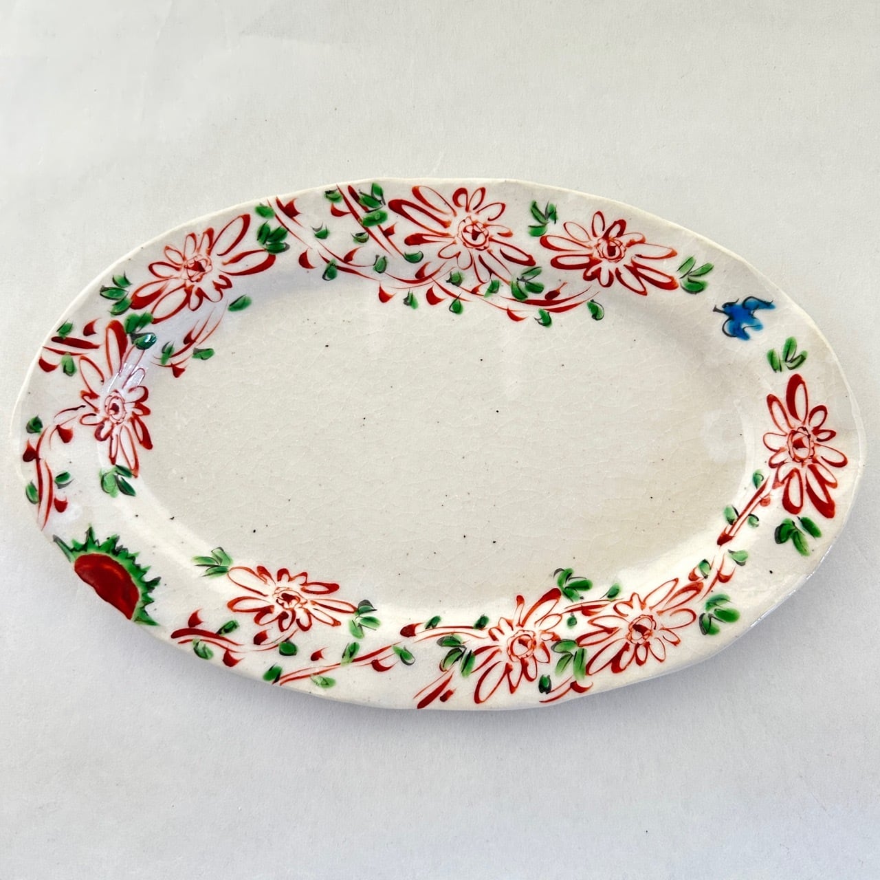 志野赤絵花鳥オーバルリム九寸皿【榛澤宏】 | うつわや はんのき