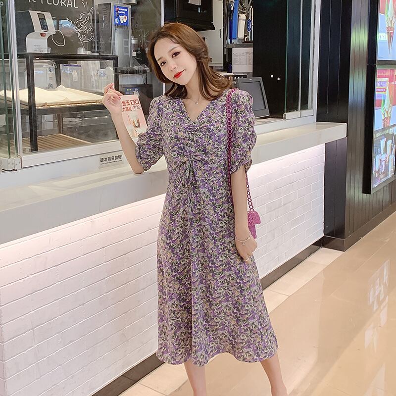 【新作】【送料無料】 マタニティウェア2020夏の新しいシフォンフローラルVネックドレス、小さくて新鮮なマタニティドレスの年齢削減ミドル丈と小さい新鮮な-アリババ サマー 夏物 花柄 expec223111493115