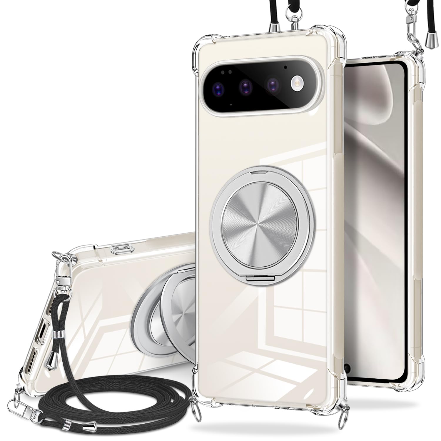 対応 Google Pixel 11 クリアケース リング付き 360度回転 斜めがけ 耐衝撃 TPU 車載ホルダー対応