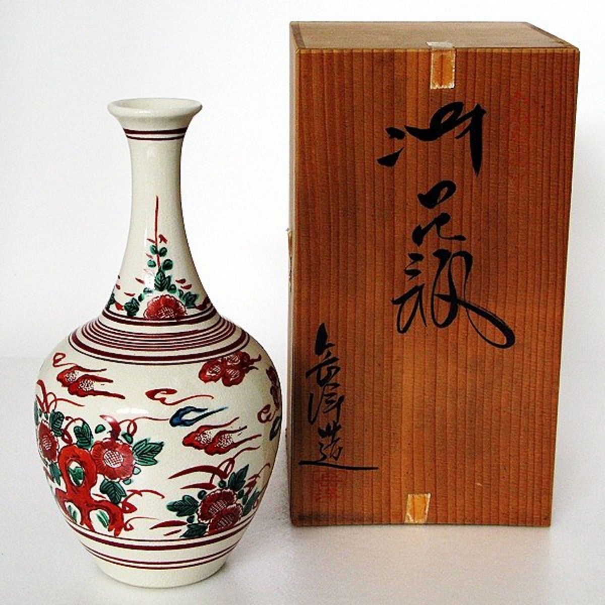 おおきい 真作 九谷陶明 作 九谷焼 花瓶 高さ：23cm 重量：921g 木箱