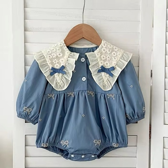 【取寄】流行りのリボンが可愛すぎるフリル襟のリボン長袖ロンパース