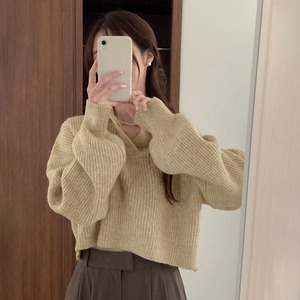 ニット セーター 襟付き Vネック レディース 秋冬 韓国 長袖 トップス ゆったり シンプル 大人 カジュアル ショート丈 ポロカラー ぽわん袖 ドロップショルダー 大人可愛い 大人女子
