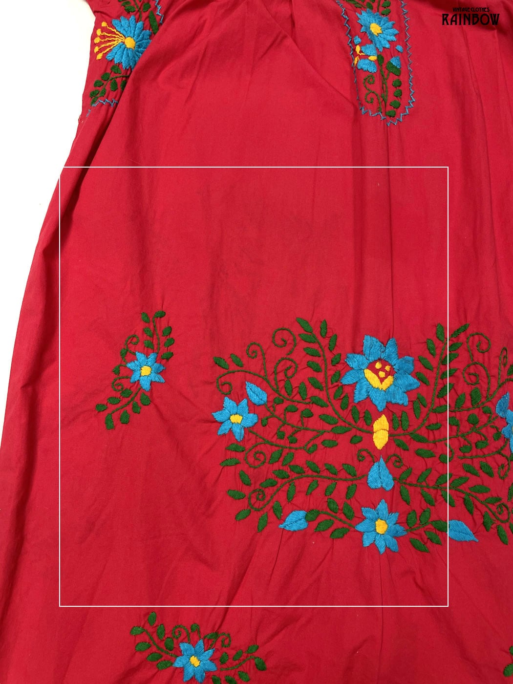 古着 メキシカン刺繍 スリット 花柄 コットン 膝丈 半袖 ワンピース 赤