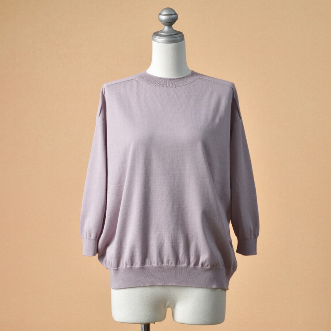 LinenYa リネンや クルーネック7分袖コットンニット・ピンクグレイ 柔らかく着心地の良いリンキングニットです