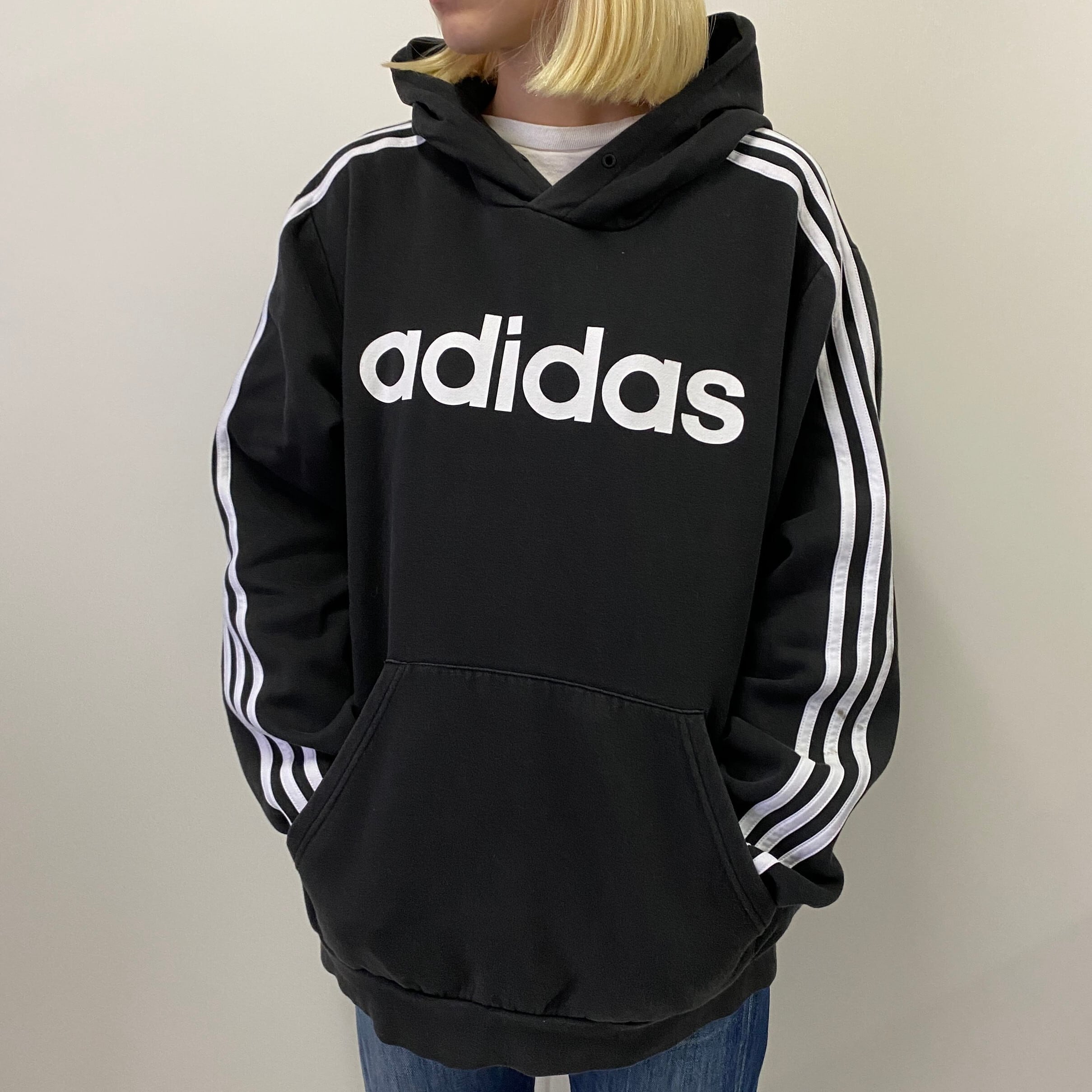 Adidas アディダス ブランドロゴ プリント 袖ライン スウェットパーカー レディースxl相当 古着 プルオーバーパーカー ブラック 黒 パーカー Cave 古着屋 公式 古着通販サイト