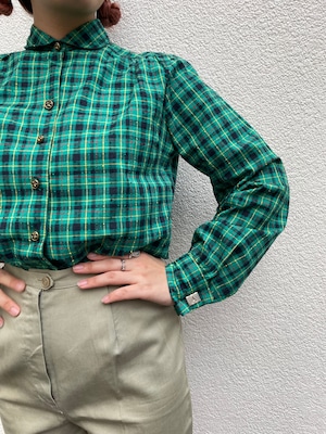 VINTAGE 50's green check round collar blouse