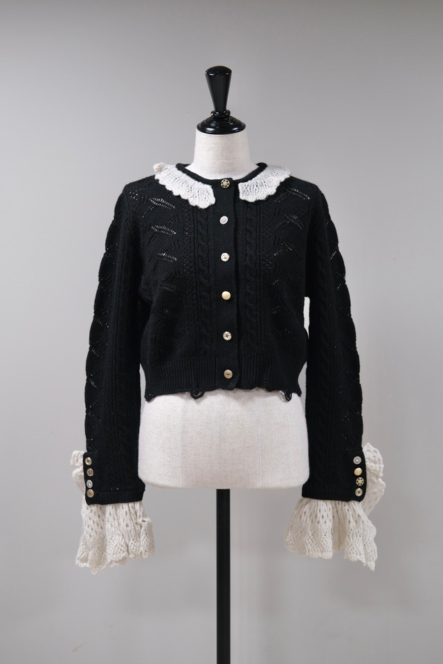 【Tanaka Daisuke】ribbon pattern frilled sleeve knit cardigan