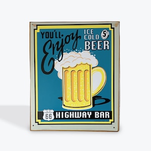 キンキンに冷えたビール（ICE COLD BEER HIGHWAY BAR）ビンテージ加工 アメリカンブリキ看板