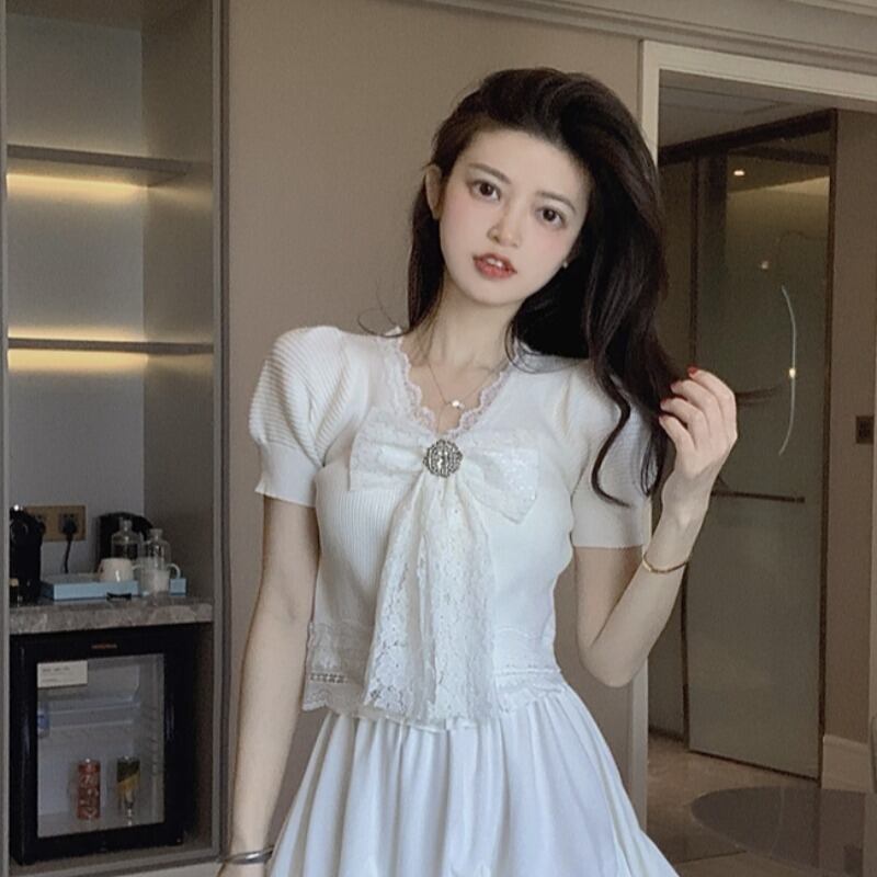 レースリボンホワイトニットセーター 薄手サマースリムVネッククロップドトップス 夏物 YY-ファッション31993098976