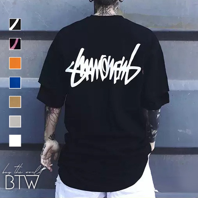 【韓国メンズファッション】バックロゴプリントTシャツ クール シティ ゆったり ユニセックス カラバリ豊富 BW2522