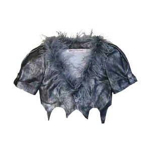 【OPEN AESTHETIC】Metal leather frayed short-sleeved jacket