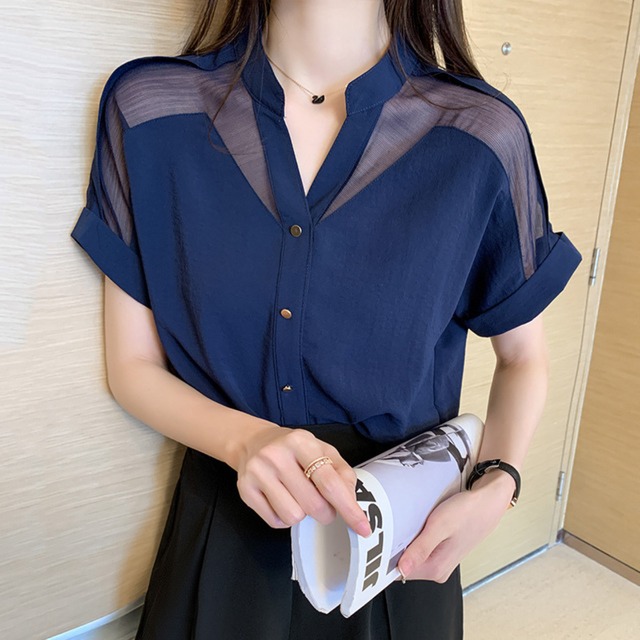 Stand collar elegant chest mesh slim blouse ( 3color )