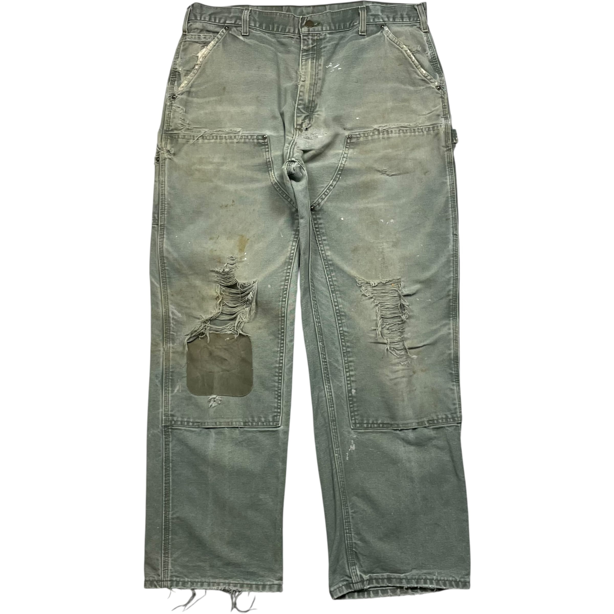 《実寸W38L31》Carhartt カーハート ダブルニー ワークパンツ ペインターパンツ ダメージ ペイント フェード 雰囲気 モスグリーン no.10388
