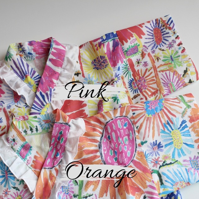 100サイズ【甚平】 Orange フリル襟　ひまわり