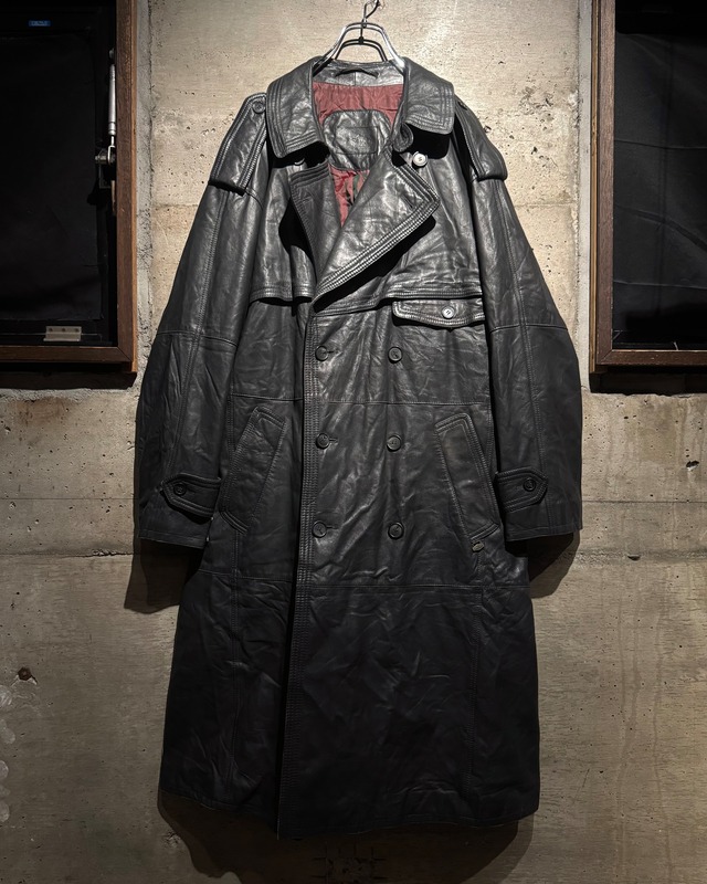【Caka】Dark Gray Color Vintage Leather Double Breasted Trench Coat
