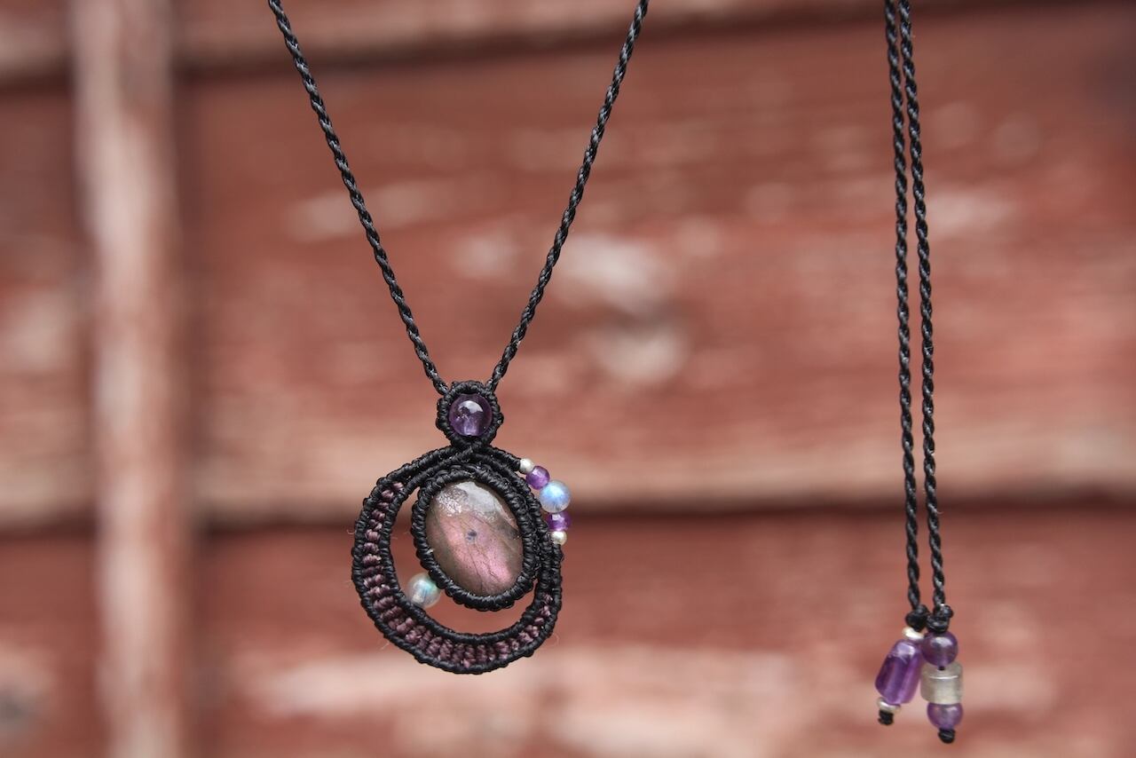 Purple Labradorite micro macrame moon pendant