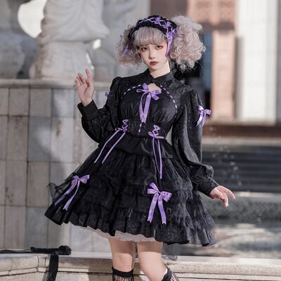 ロリータドレス レース 3色 髪飾り付き Lolita OP Dress 長袖 ロリィタ