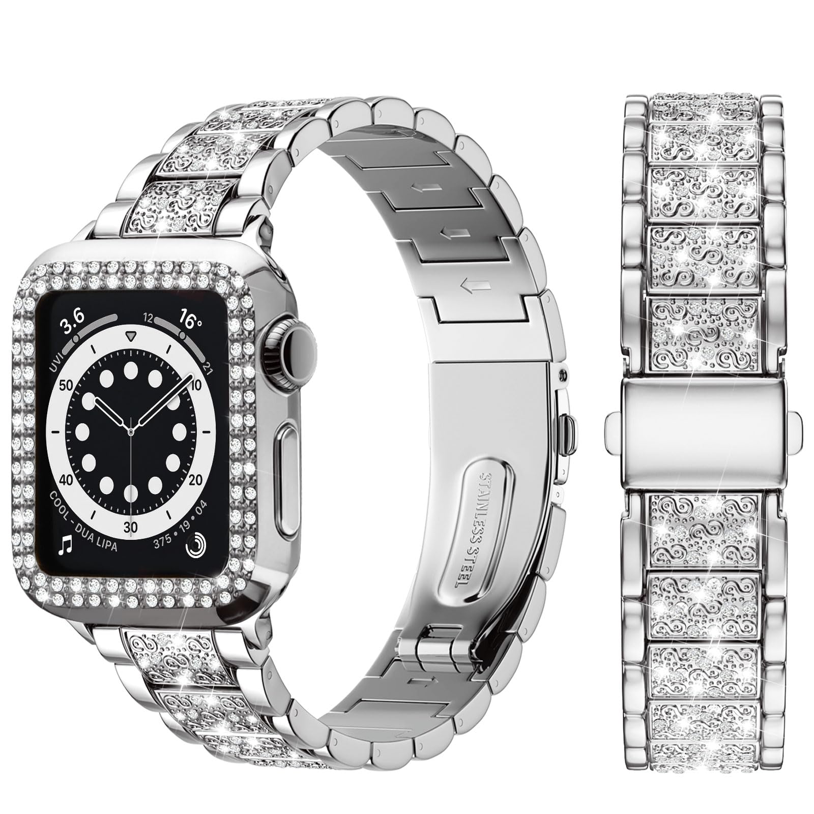 【人気】For Apple Watch ブレスレット 45 mm レディース グリッター Apple Watch 9/8/7 に対応 ブレスレット 45 mm レディース ラインストーン保護ケース アップルウォッチバンド 女性用 エレガント シルバー