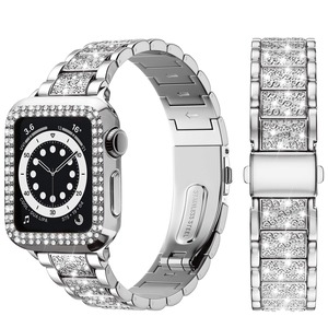 【人気】For Apple Watch ブレスレット 45 mm レディース グリッター Apple Watch 9/8/7 に対応 ブレスレット 45 mm レディース ラインストーン保護ケース アップルウォッチバンド 女性用 エレガント シルバー