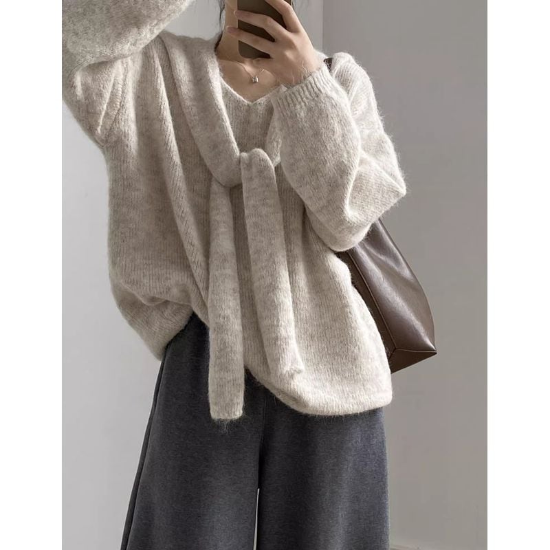 肩掛けショール付きVネックオーバーサイズニット 202233