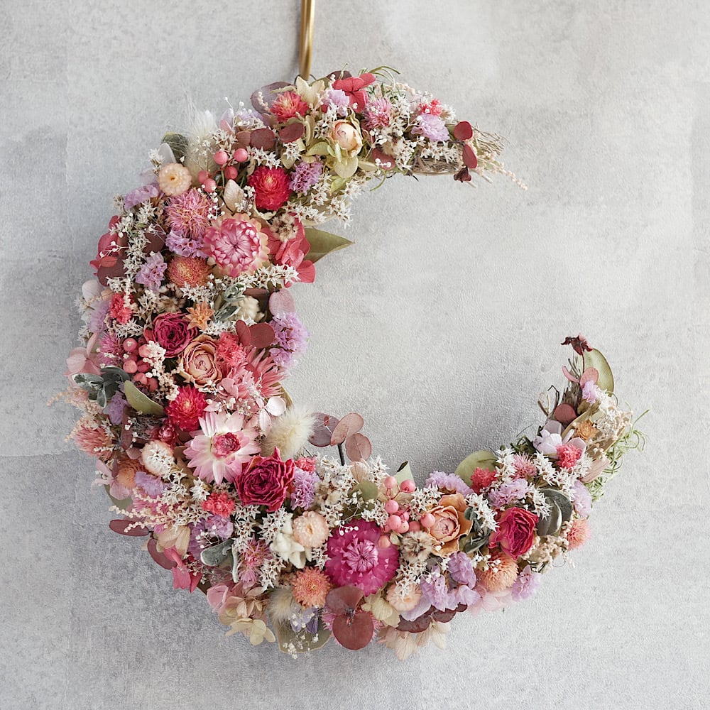 ナチュラルリース ローズ 一点物 ♡︎ ピンク 三日月 クレッシェンド