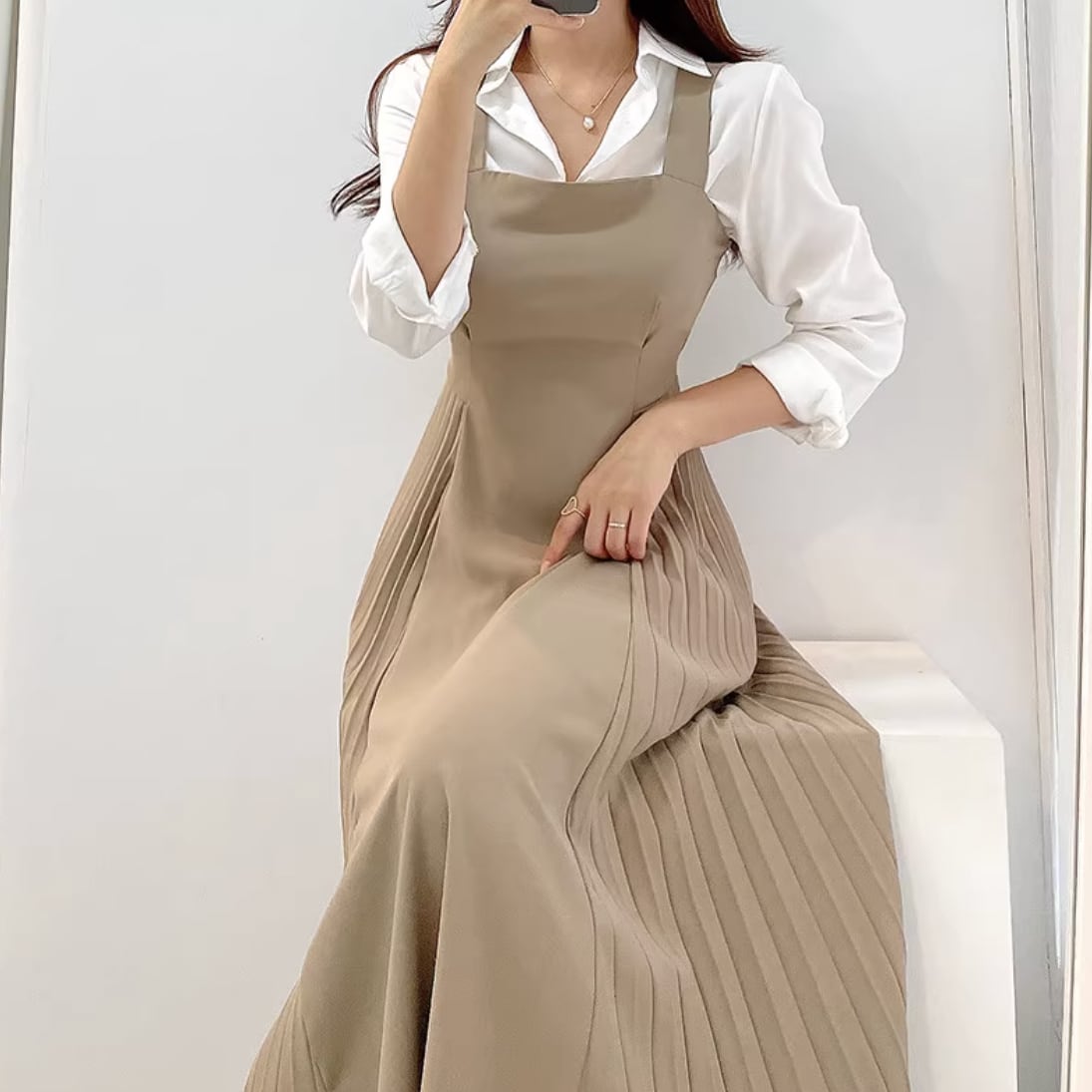プリーツ ジャンパースカート ワンピース +ロング シャツブラウス セットアップ 韓国ファッション | CHOICE.31 ファッション通販