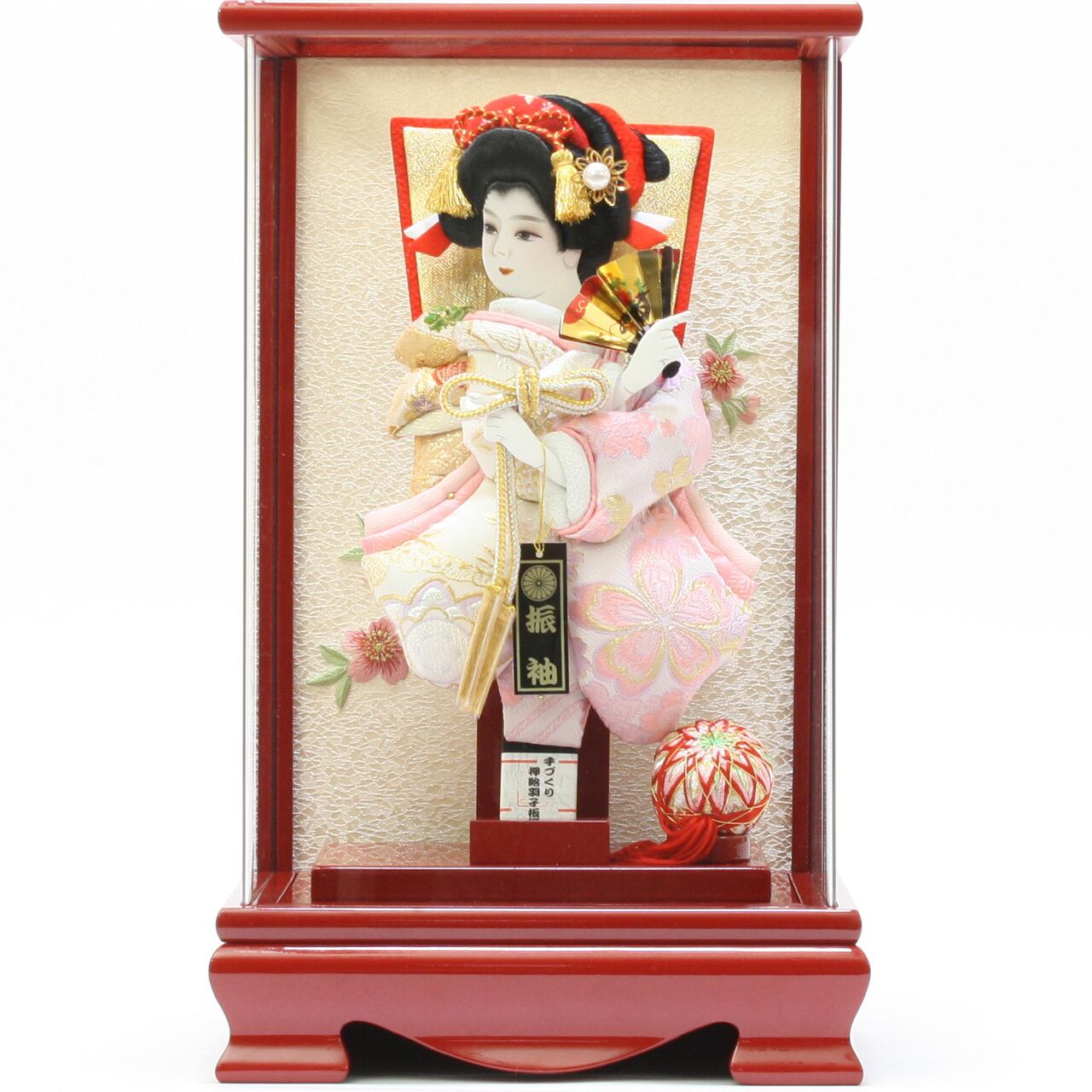 羽子板飾り《商品コード》10308-0164 D 花振袖 金襴 10408-0007 621188 羽子板ケース アクリル赤|初正月|省スペース|おしゃれ|モダン|コンパクト|江戸押絵羽子板|無病息災|邪気払い|無患子