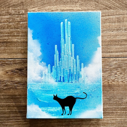 「猫のいる街」原画 黒猫×都市 青 ターコイズ 絵画 キャンバス 風景画 スプレーアート インテリアパネル