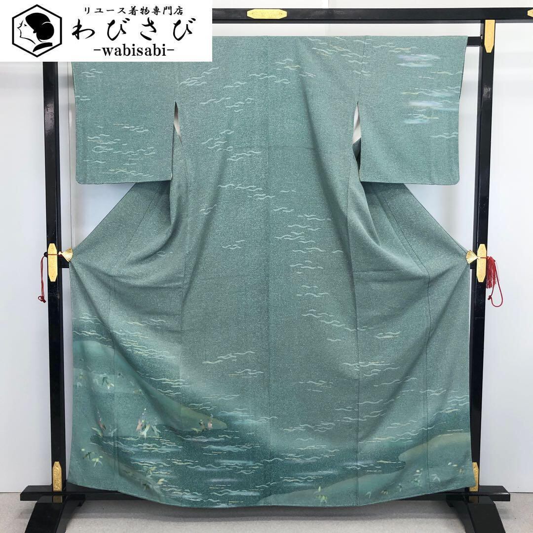 #309 さんび 小紋 未使用品【リユース着物】#Letter bee 小紋 着物 リサイクル 正絹 袷 手染め 緑 黄緑葉 レア色