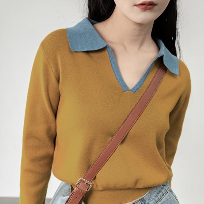 ポロカラー 長袖 クロップド丈ニット 00097