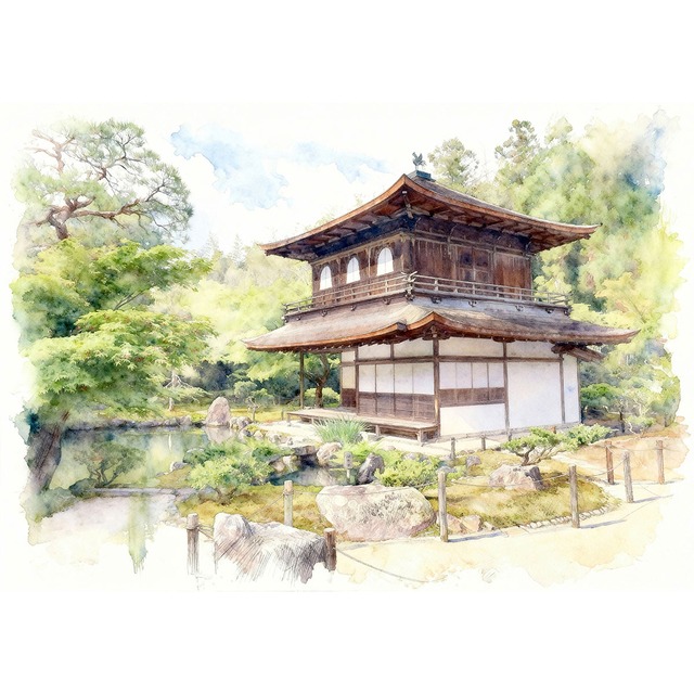 絵画 風景画(街並み) 日本 京都府 銀閣寺 インテリアアート額付き 水彩画・油絵風 WAT1549