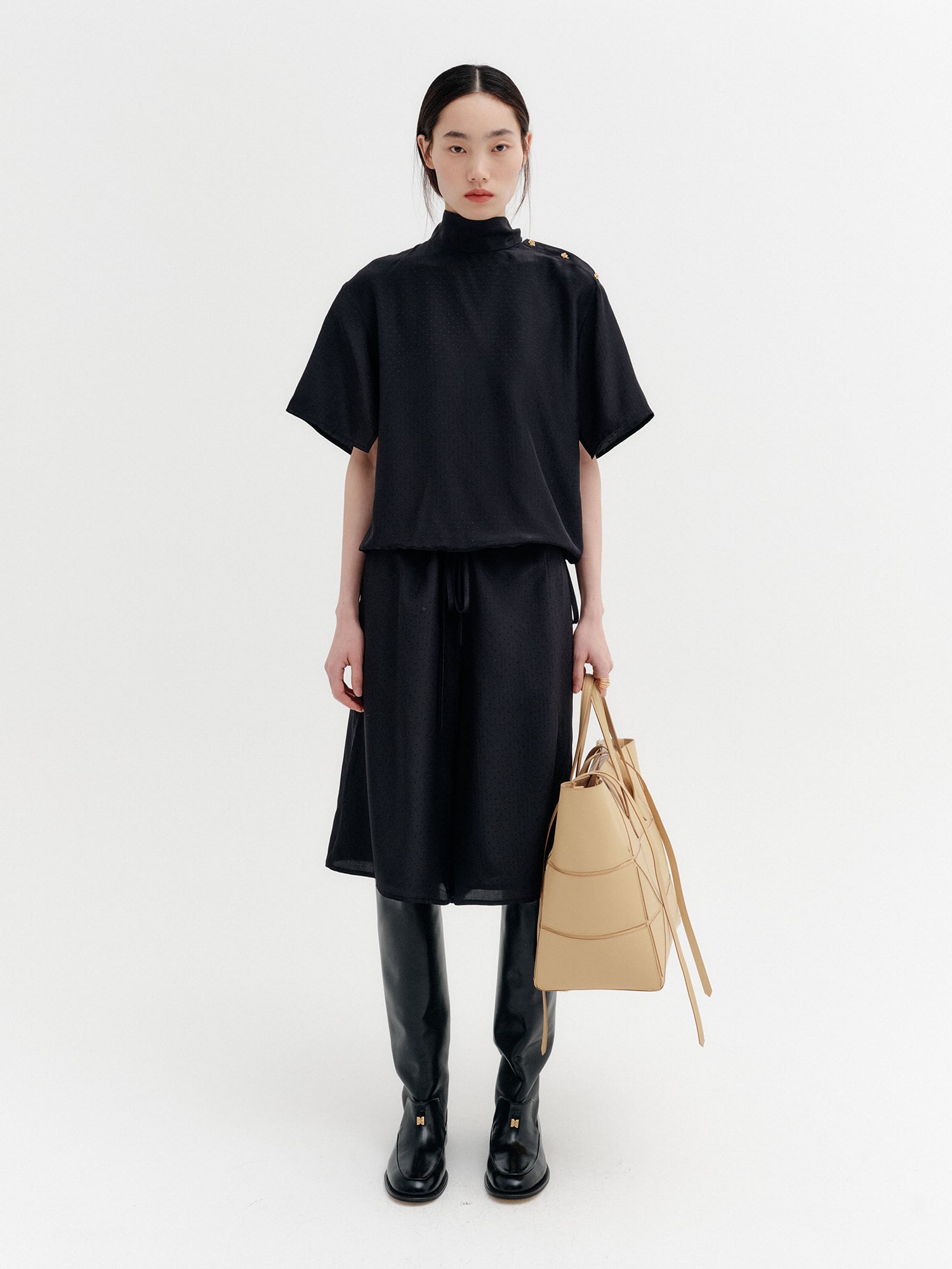 EENK][WOMEN] Drawstring Waist Pattern Pants (Black) 正規品 韓国