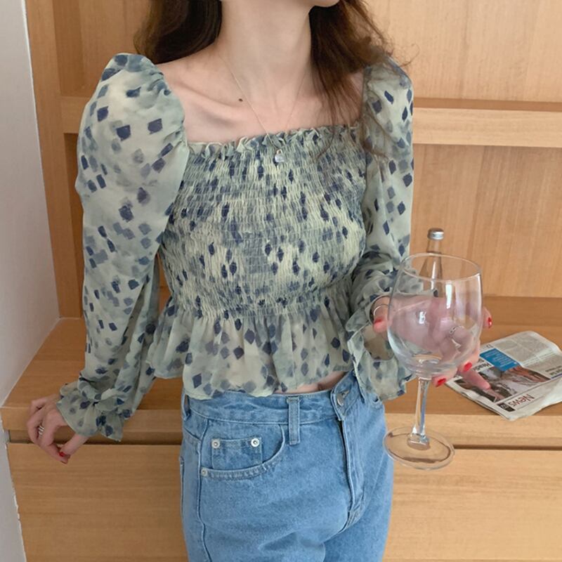 シフォンフローラルブラウス サマーショートプリント柄ハイウェストウェストプリーツスリーブシャツ 夏物 花柄 スクウェア ビッグFスモールZ韓国79040114067