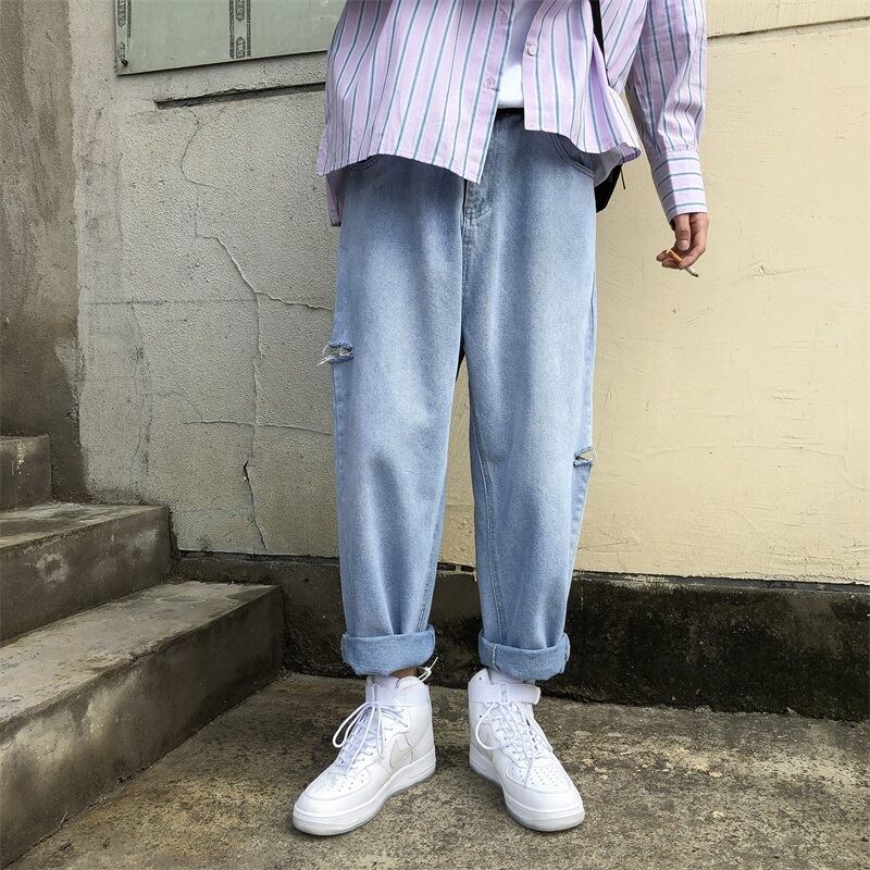 全1色 デニム パンツ ストレート カジュアル クラッシュ 無地