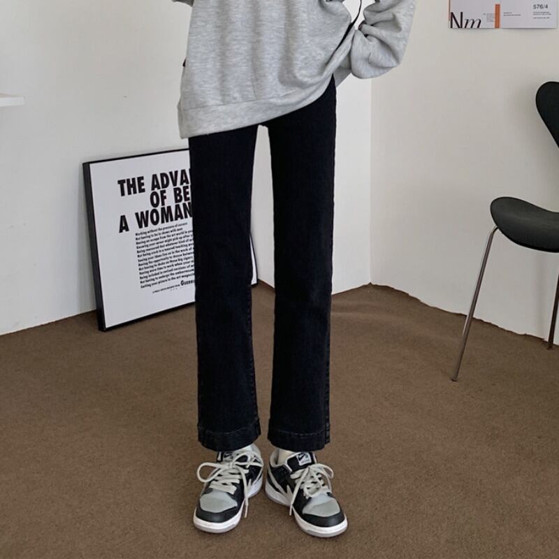 ハイウェストウェストジーンズ スプリングオータムブラックパンツ 春物 秋物 1号婦人94842296190