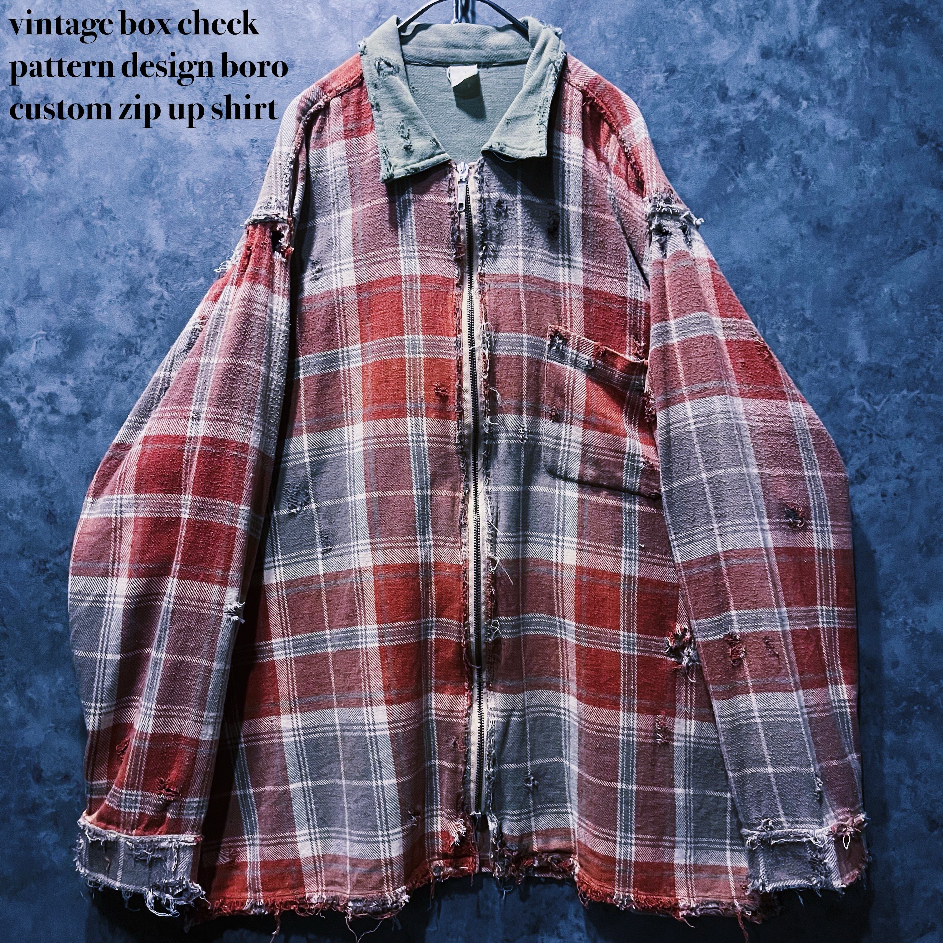【doppio】vintage box check pattern design boro custom zip up shirt