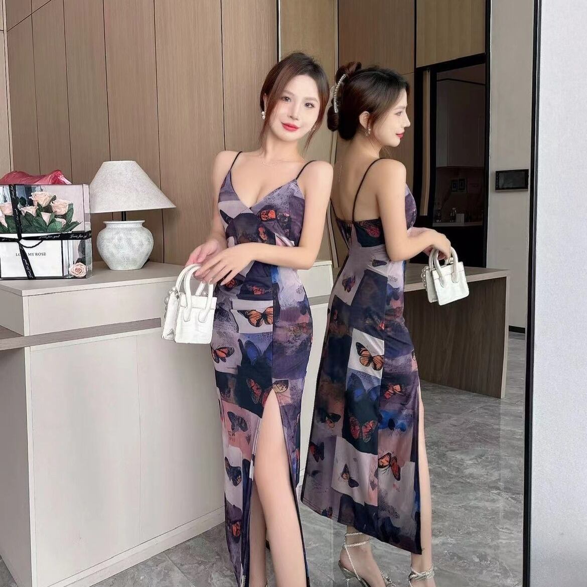 【新作】【送料無料】 2024 早春の新スタイル日本と韓国のセクシーな V ネックメッシュプリントロングボトムヒップサスペンダードレス 7849 0191937024523
