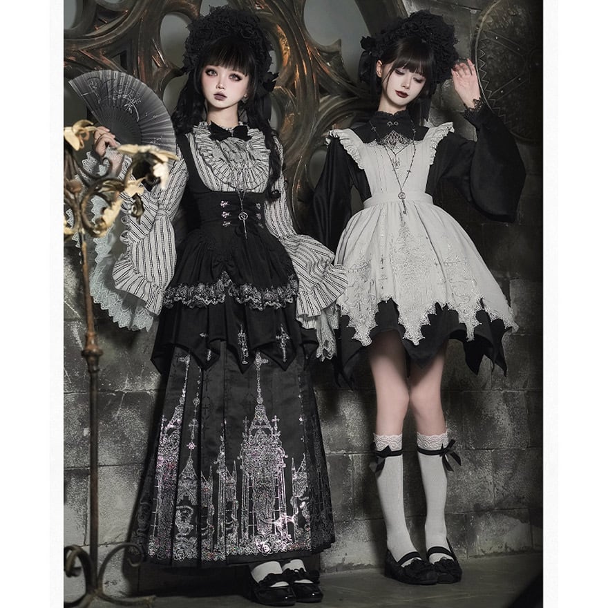 ゴスロリ 5点 セット 漢洋折衷 ロングスカート 大袖ブラウス ヘッド