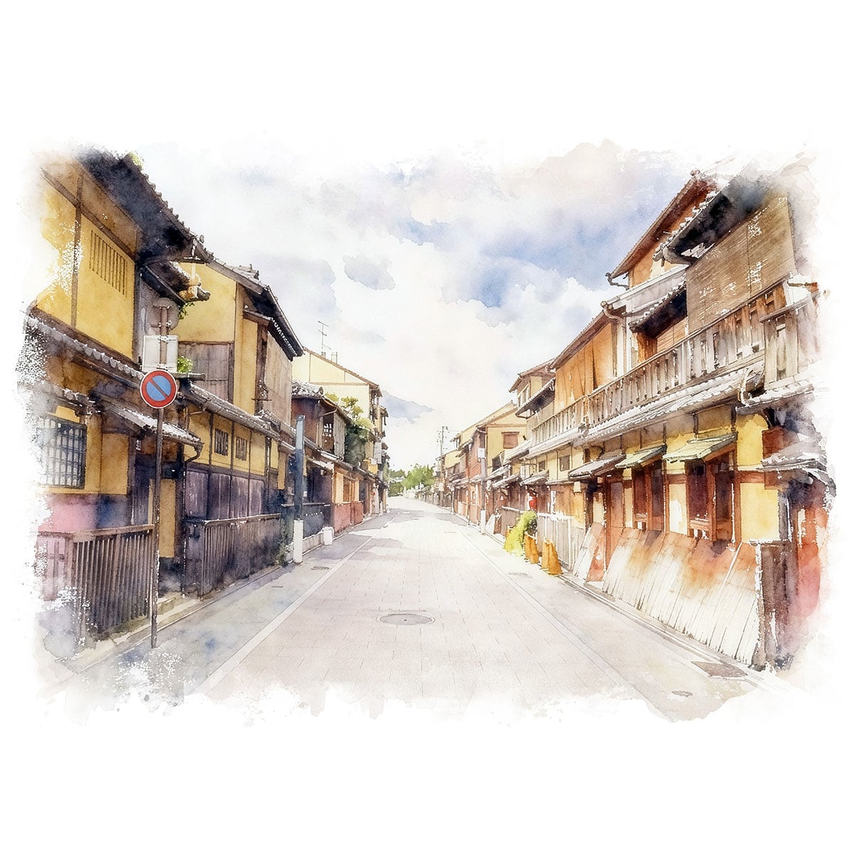 絵画 風景画(街並み) 日本 京都府 祇園 花見小路通 インテリアアート額付き 水彩画・油絵風 WAT1543