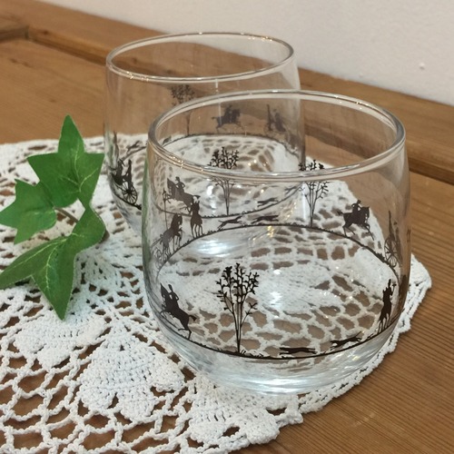 昭和レトロ　モダン影絵柄ガラスコップ　ショートグラス