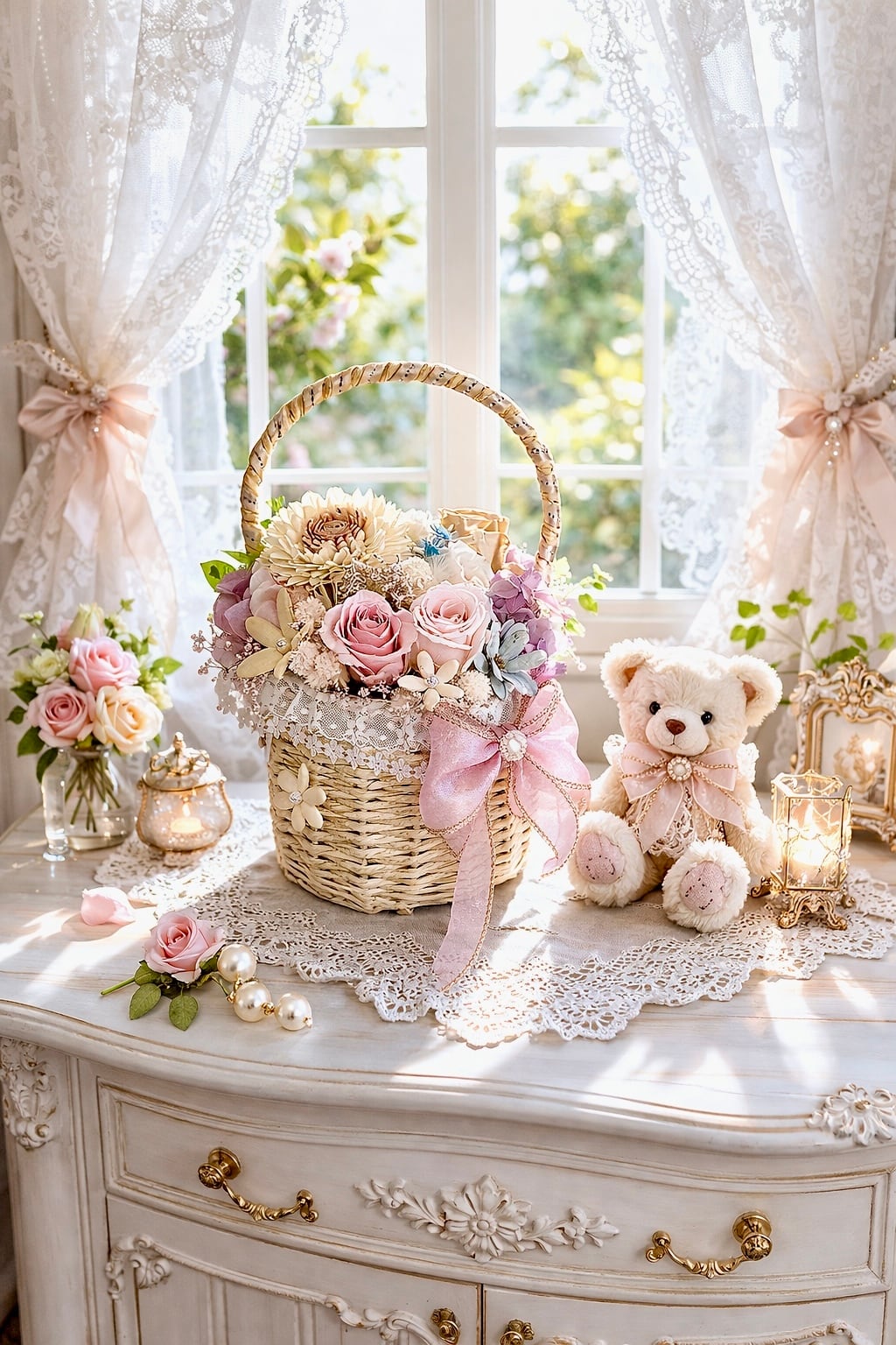 カタリーヌフラワーの花かごアレンジ【KAT-001】抗菌・消臭・抗ウイルス｜やさしいパステルカラー｜インテリア・ギフトフラワー